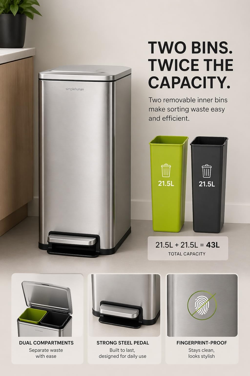 43L Dual Recycling Bin Stainless Steel W371436