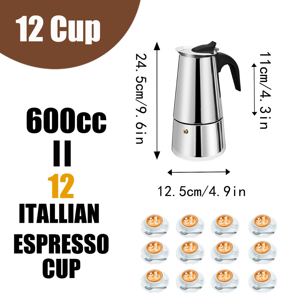 12 Cup Stainless Steel Stovetop Espresso Moka Pot 600ml F345579