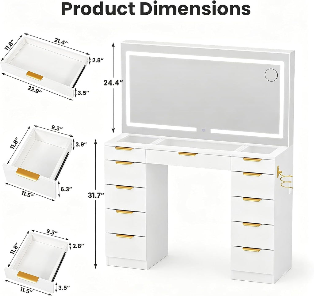 White Glass Top Vanity Desk with Mirror and Lights, 11 Drawers U58369