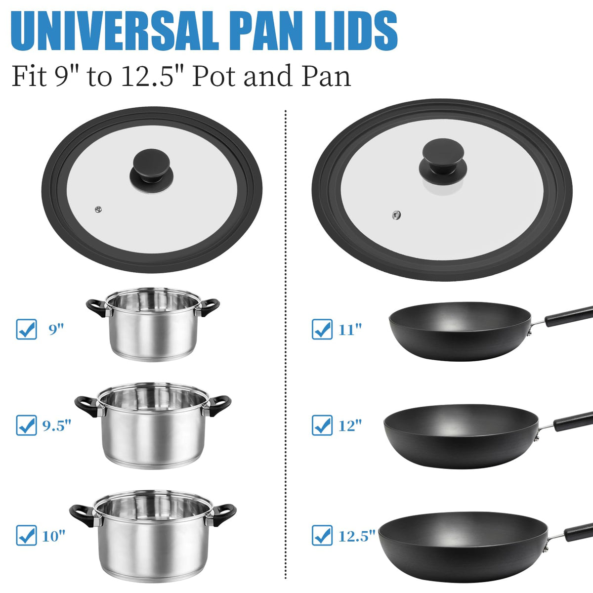 2 Pack Silicone Tempered Glass Universal Lid for Pots Pans and Skillets S779