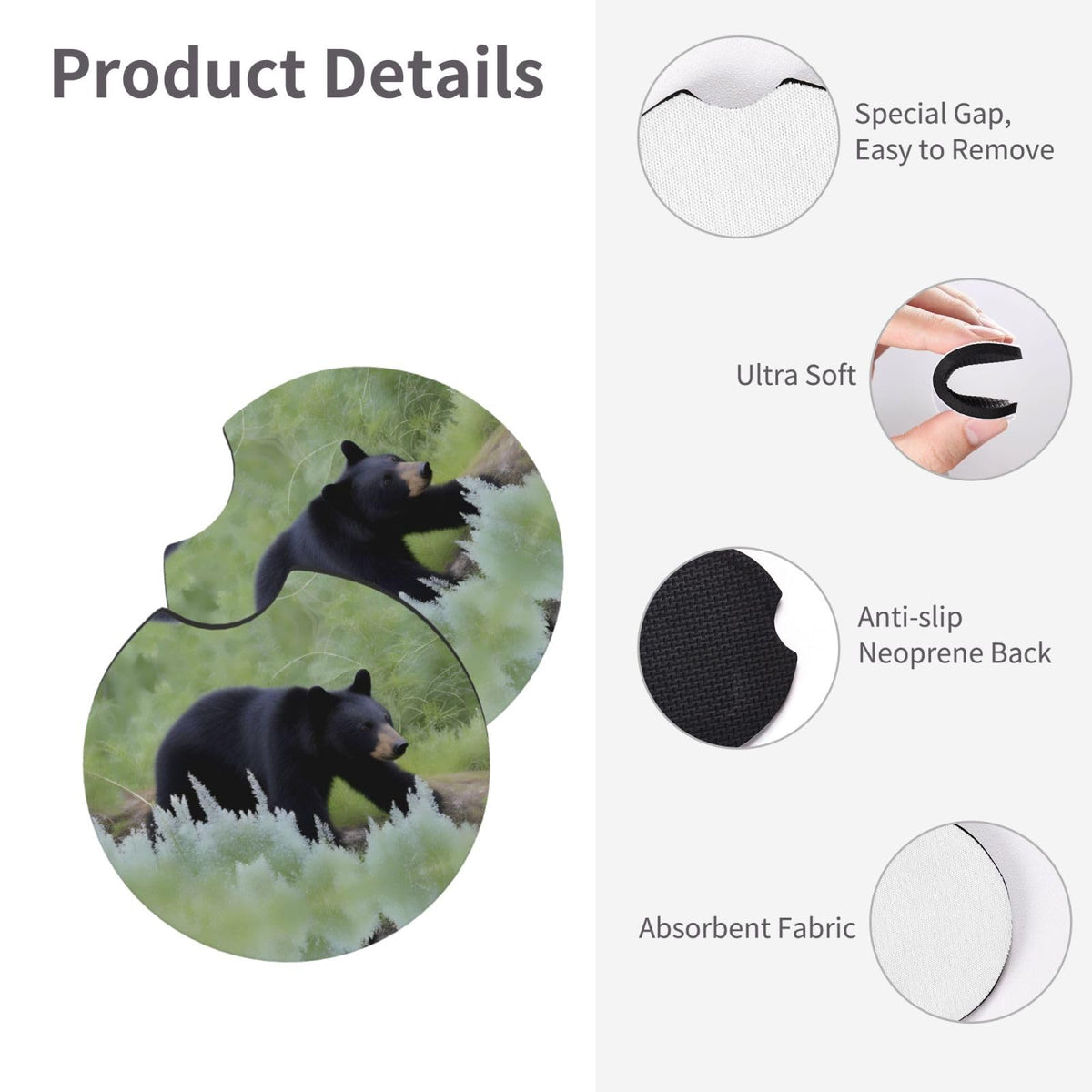 Black Bear Rubber Car Coasters Set of 2 F5386