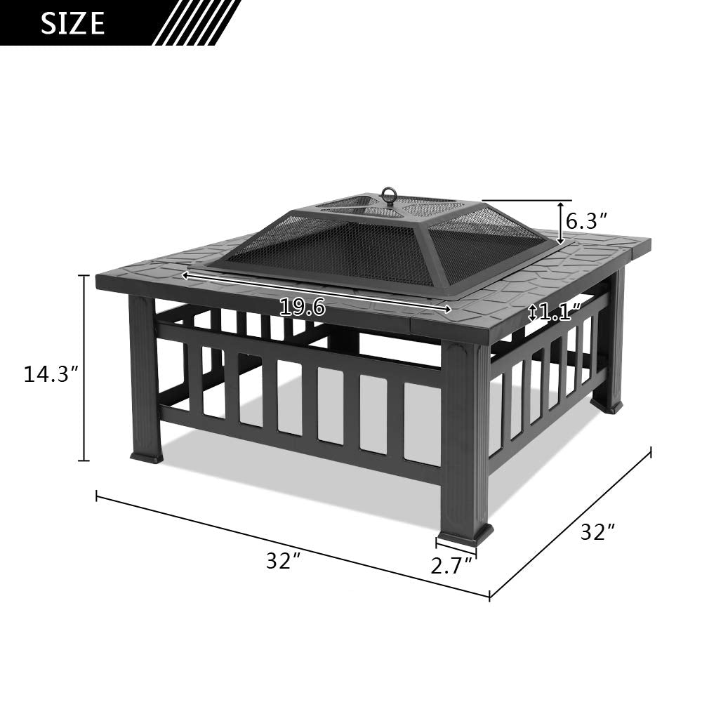 32in Square Metal Wood Burning Fire Pit with Spark Screen K93655