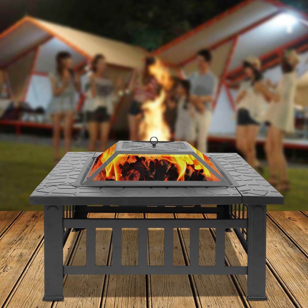 32in Square Metal Wood Burning Fire Pit with Spark Screen K93655