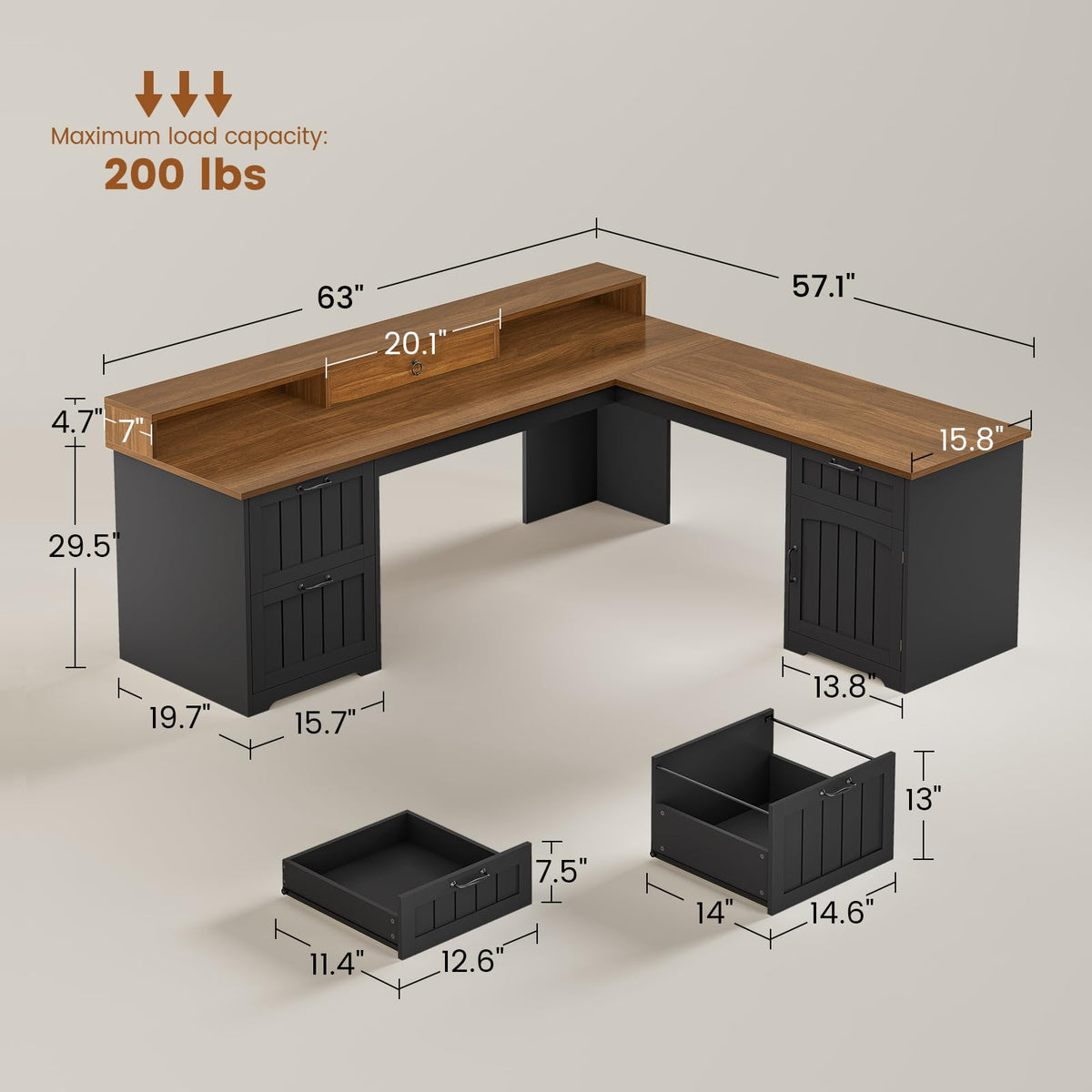 63" L Shaped Desk with Drawers and Storage Cabinet U535