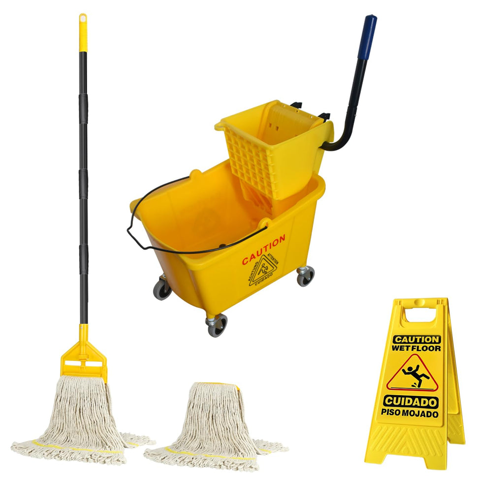 Commercial Mop Bucket with 2 Mop Heads and Caution Sign, 38 Quart F615