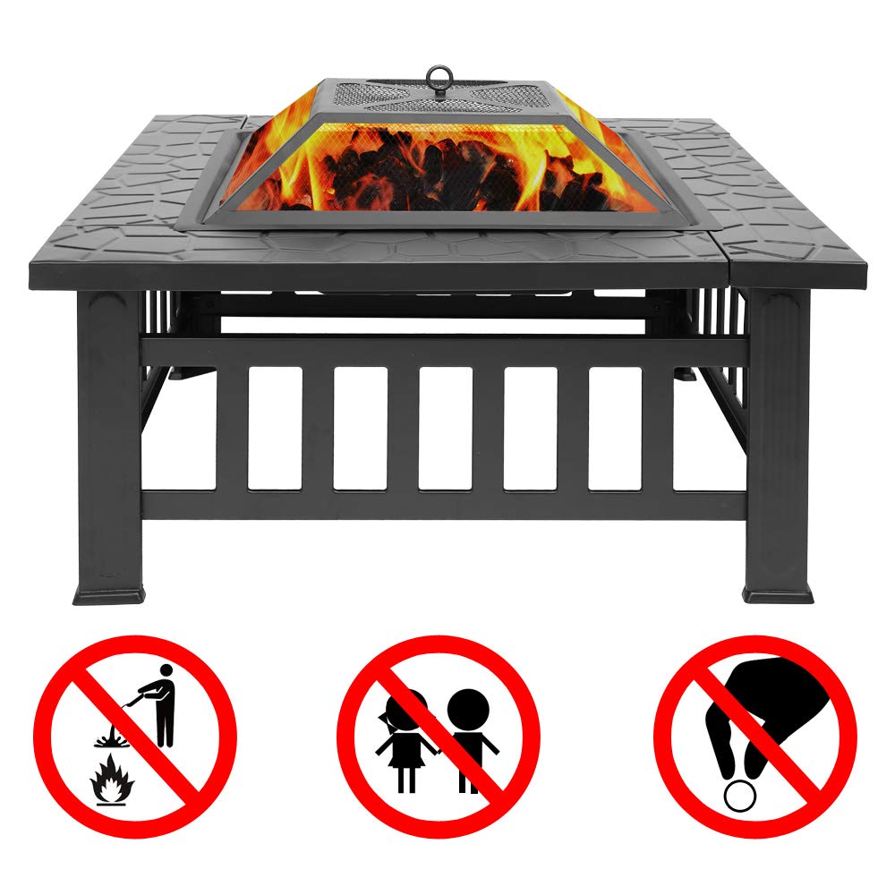 32in Square Metal Wood Burning Fire Pit with Spark Screen K93655