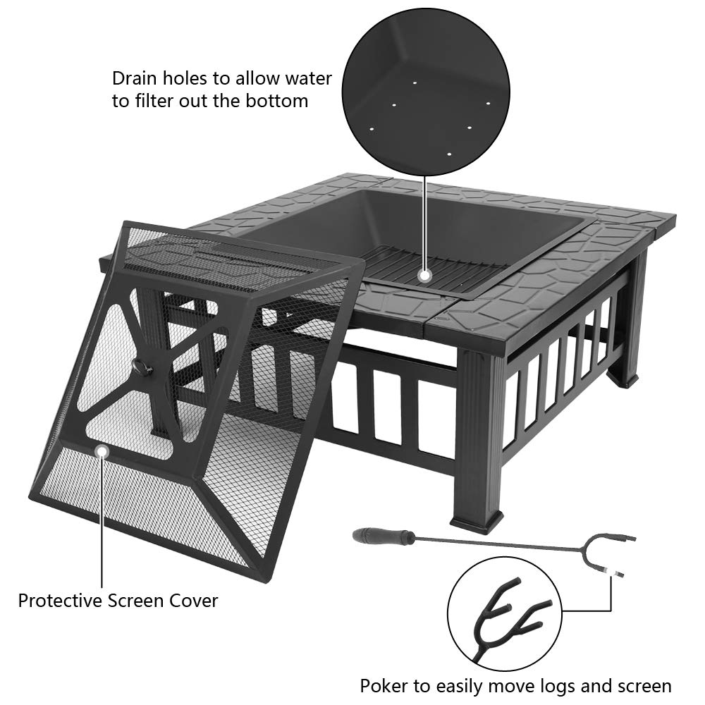 32in Square Metal Wood Burning Fire Pit with Spark Screen K93655