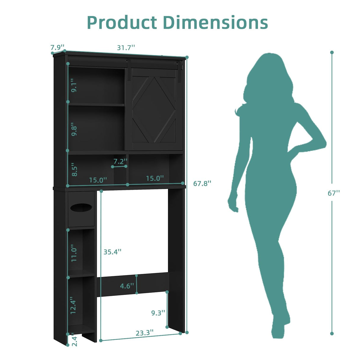 Black Over the Toilet Storage Cabinet with Sliding Barn Door P5293