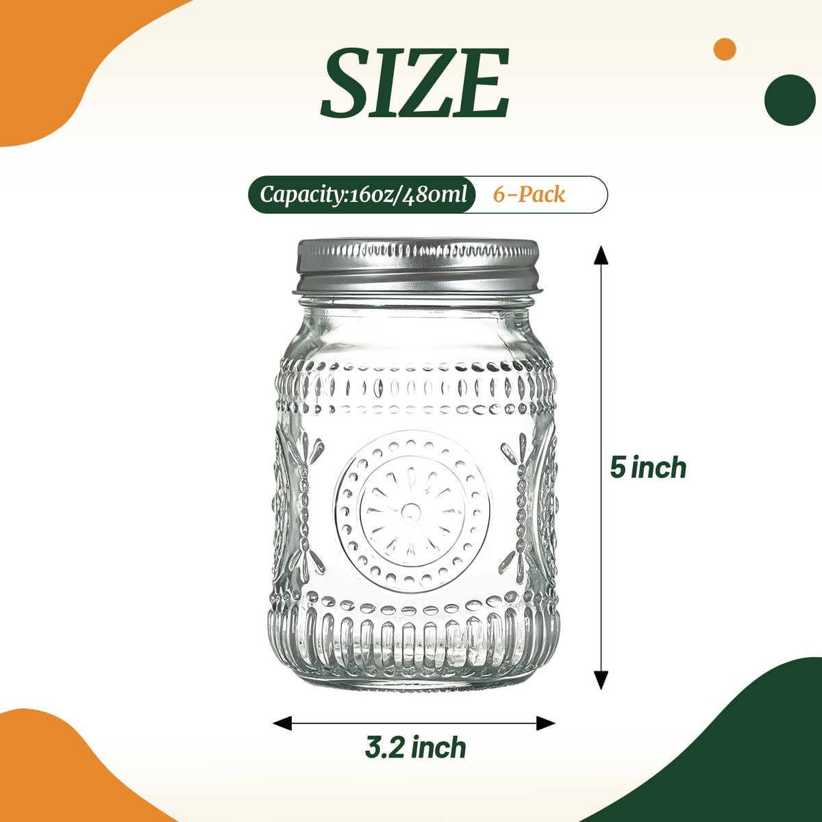 6-Pack Glass Mason Jars 16 oz Wide Mouth Canning Jars P49375