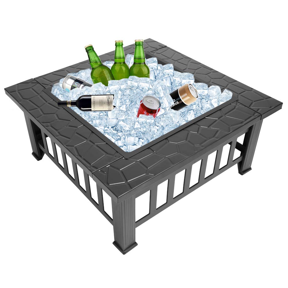 32in Square Metal Wood Burning Fire Pit with Spark Screen K93655