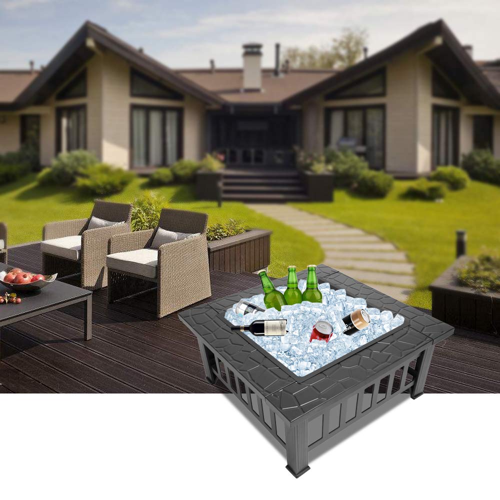 32in Square Metal Wood Burning Fire Pit with Spark Screen K93655