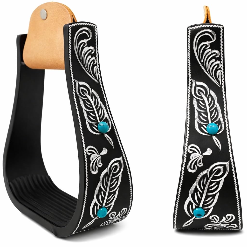 Black Aluminum Engraved Horse Saddle Stirrups J361755