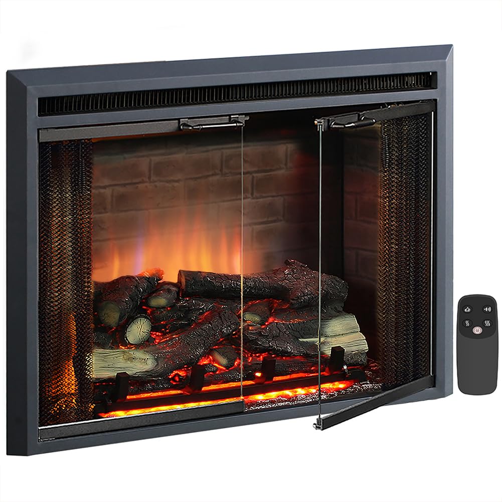 Black Electric Fireplace Insert with Glass Door and Mesh Screen, 750/1500W V969514