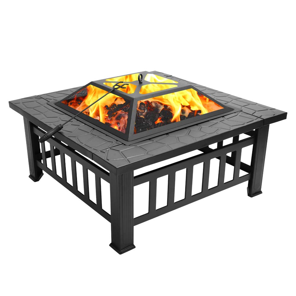 32in Square Metal Wood Burning Fire Pit with Spark Screen K93655