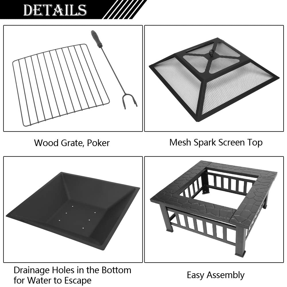 32in Square Metal Wood Burning Fire Pit with Spark Screen K93655
