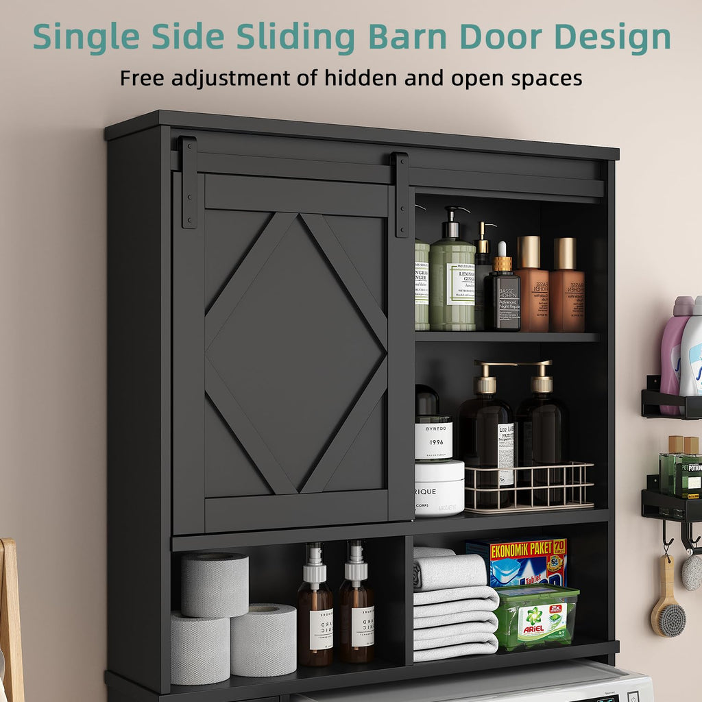 Black Over the Toilet Storage Cabinet with Sliding Barn Door P5293