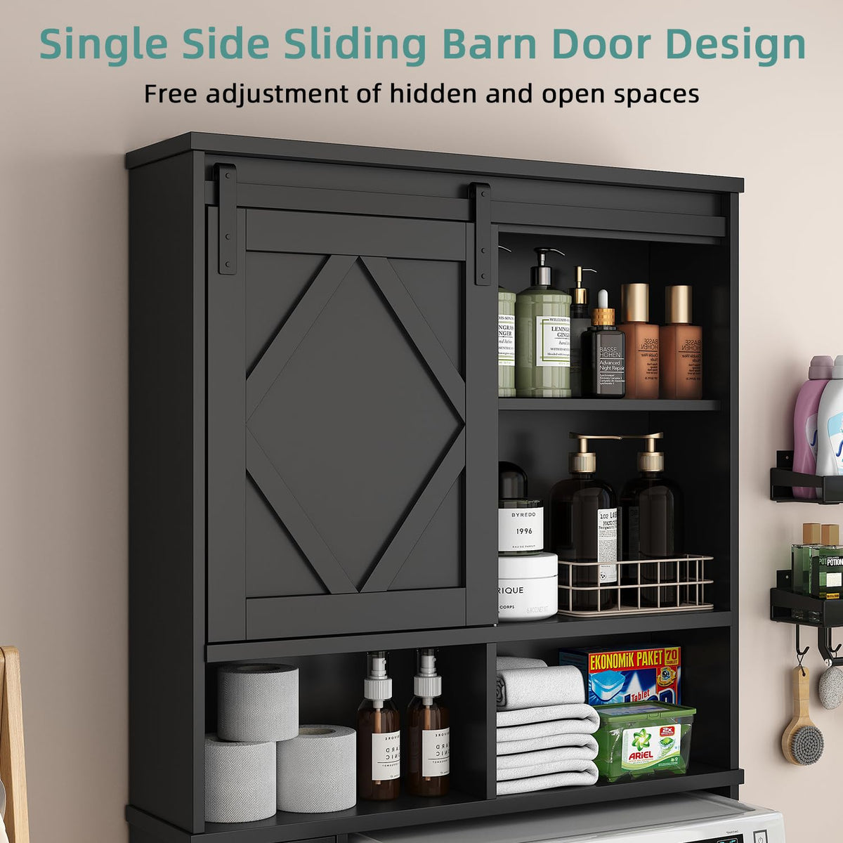 Black Over the Toilet Storage Cabinet with Sliding Barn Door P5293