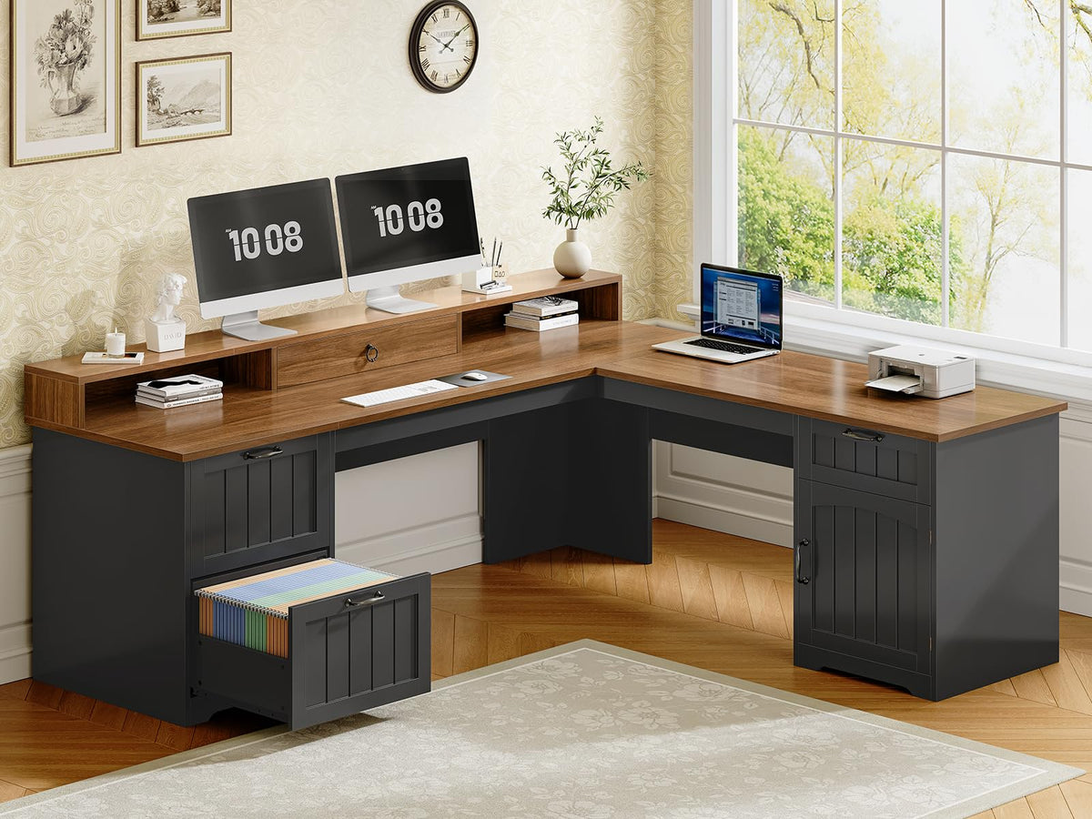 63" L Shaped Desk with Drawers and Storage Cabinet U535