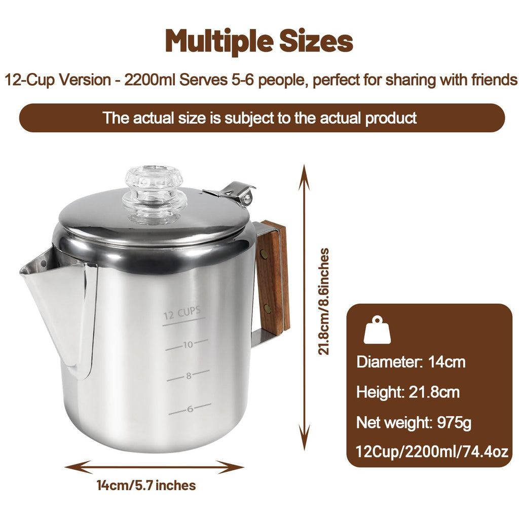 12 Cup Stainless Steel Stovetop Percolator Coffee Pot 2200ml D835