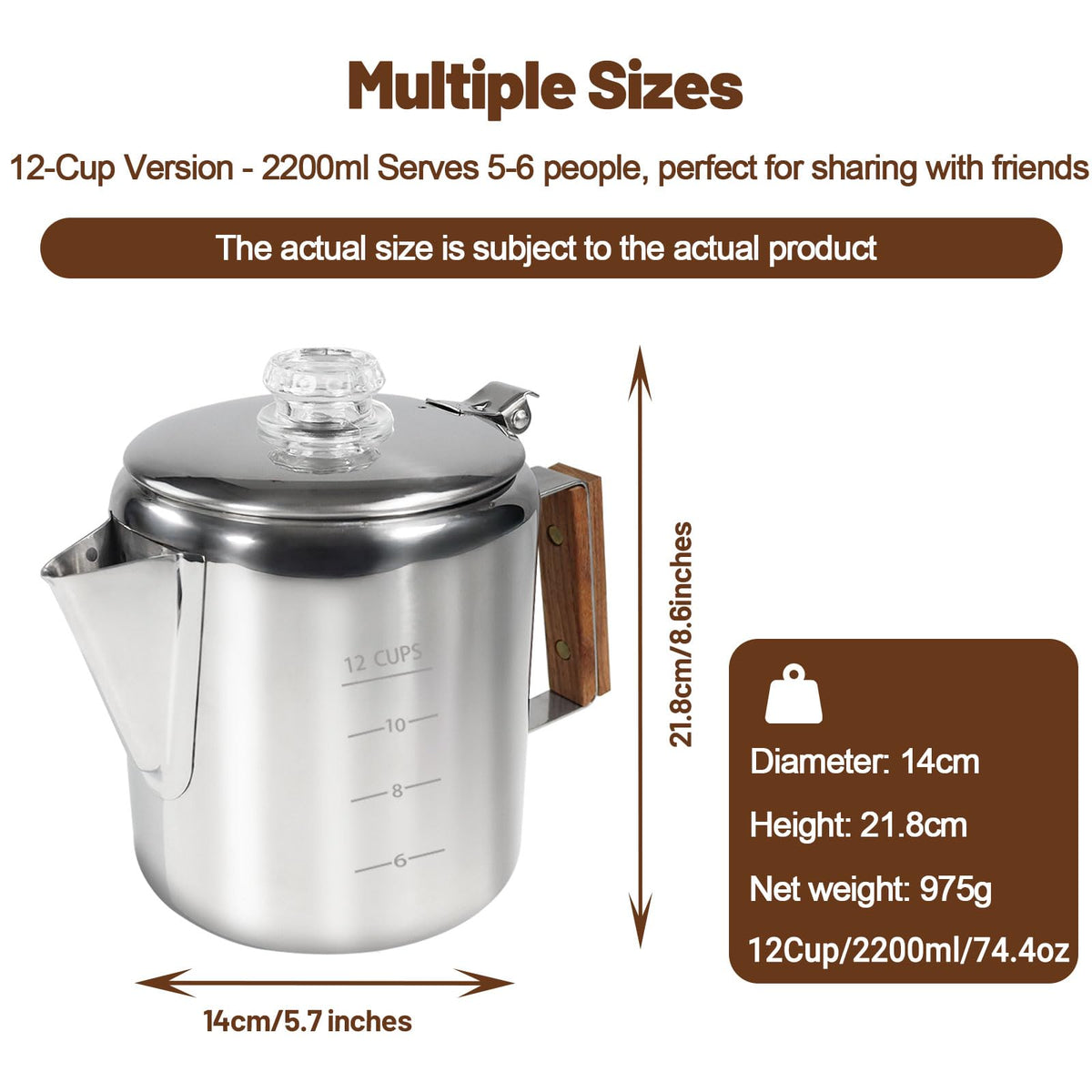 12 Cup Stainless Steel Stovetop Percolator Coffee Pot 2200ml D835