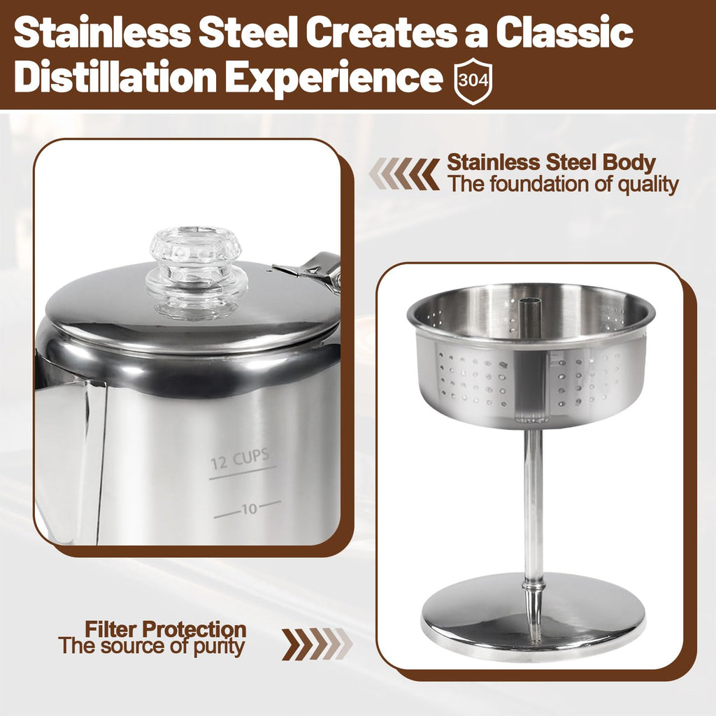12 Cup Stainless Steel Stovetop Percolator Coffee Pot 2200ml D835