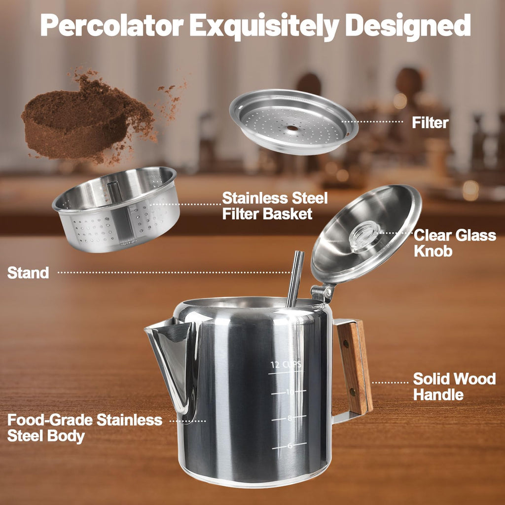 12 Cup Stainless Steel Stovetop Percolator Coffee Pot 2200ml D835