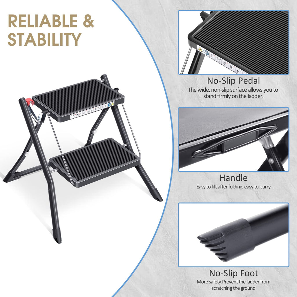 Folding Step Ladder, 2 Step Step Stool with Handle, Black F647