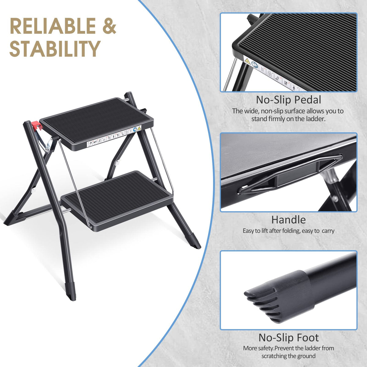 Folding Step Ladder, 2 Step Step Stool with Handle, Black F647