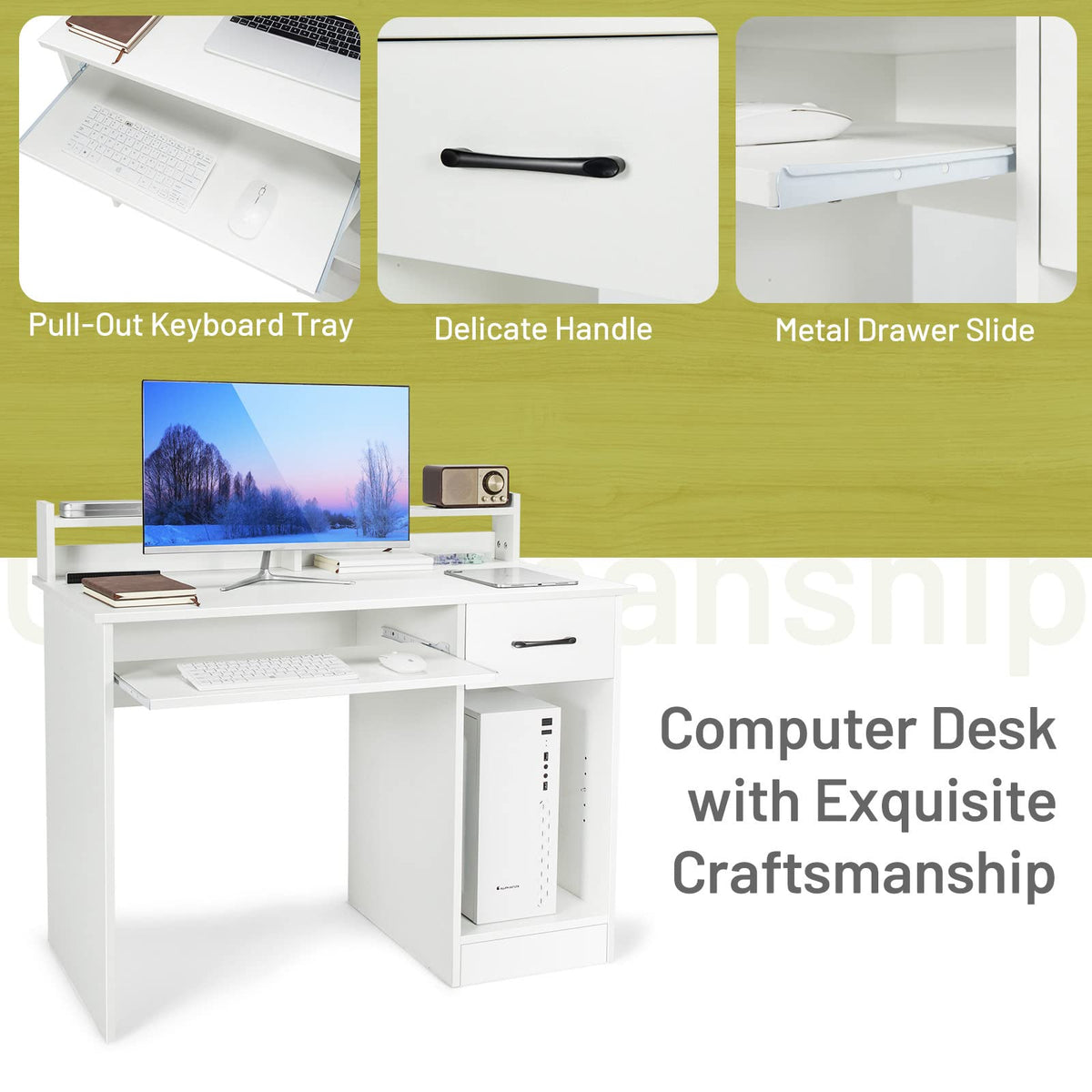 White Desk with Drawer and Keyboard Tray T927787