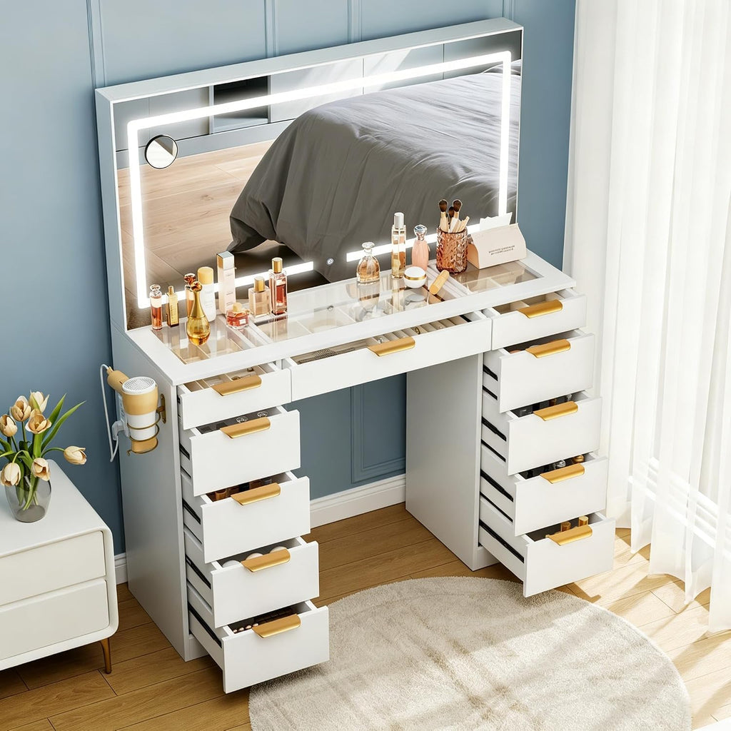 White Glass Top Vanity Desk with Mirror and Lights, 11 Drawers U58369