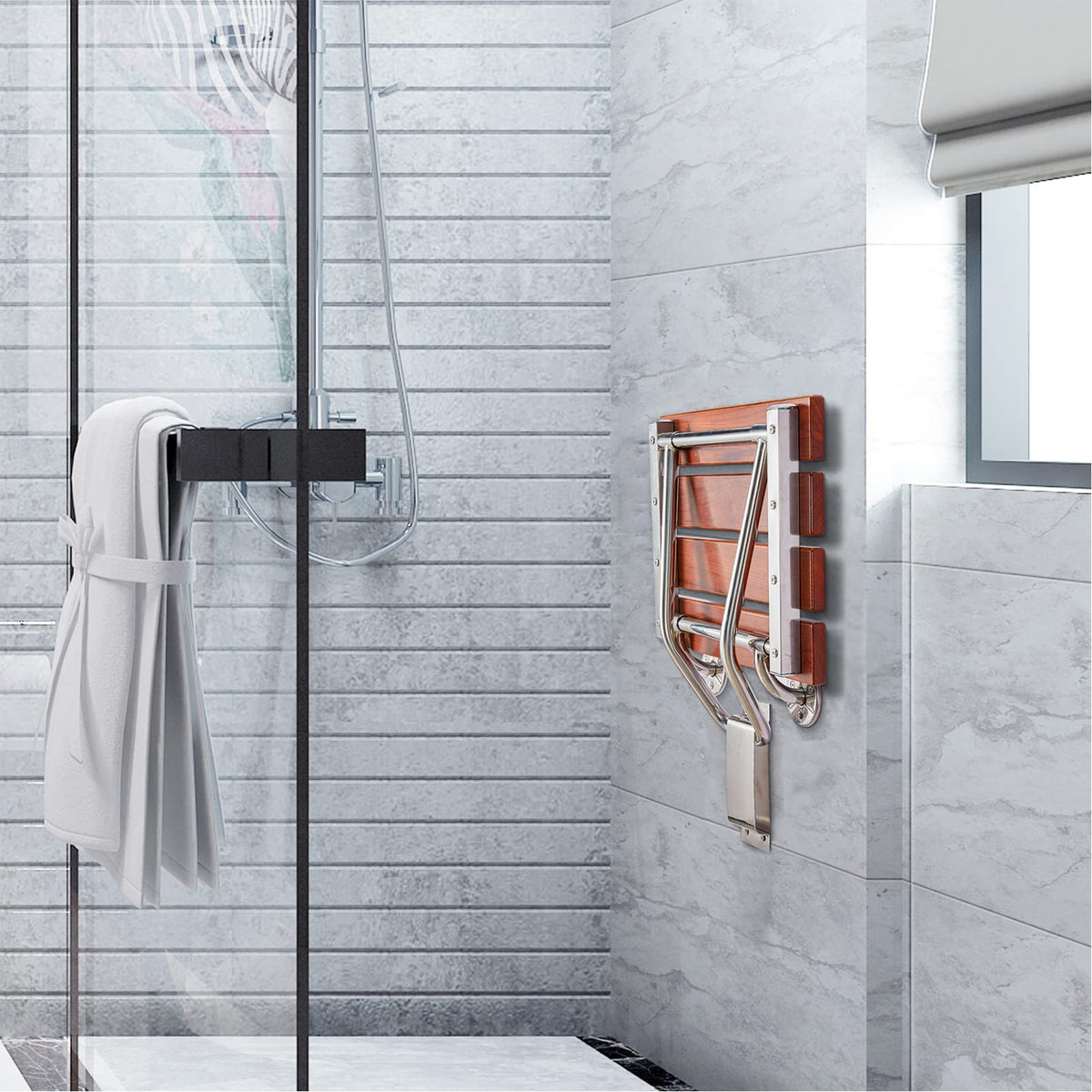 Teak Wood Wall Mounted Folding Shower Seat and Bench 350lb Capacity L147