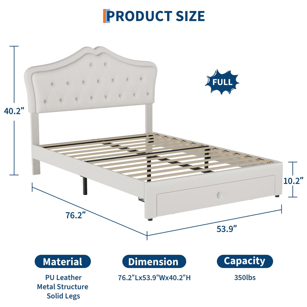 Beige Full Size Bed Frame with LED Lights Headboard W414