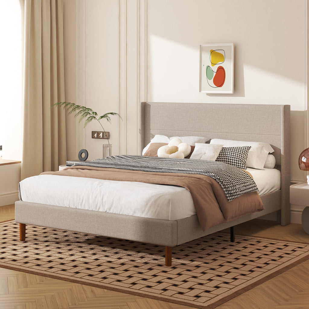 Queen Size Linen Platform Bed Frame with Wingback Headboard Y979819