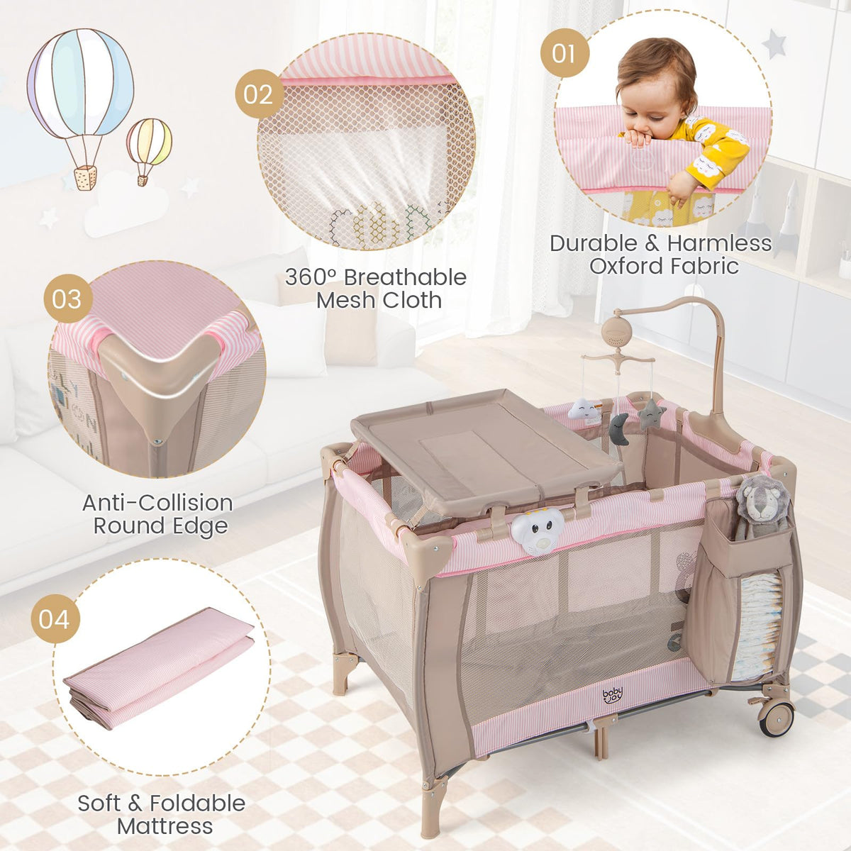 3 in 1 Pink Pack and Play with Bassinet K49758