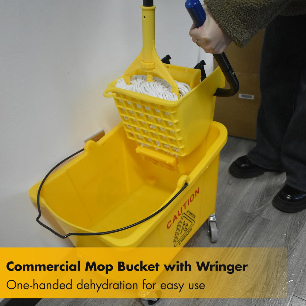 Commercial Mop Bucket with 2 Mop Heads and Caution Sign, 38 Quart F615