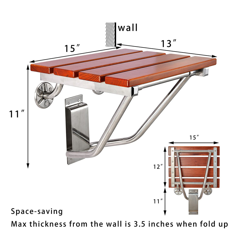 Teak Wood Wall Mounted Folding Shower Seat and Bench 350lb Capacity L147