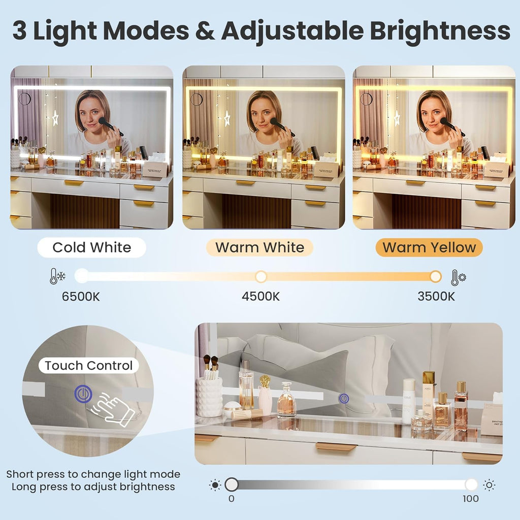 White Glass Top Vanity Desk with Mirror and Lights, 11 Drawers U58369