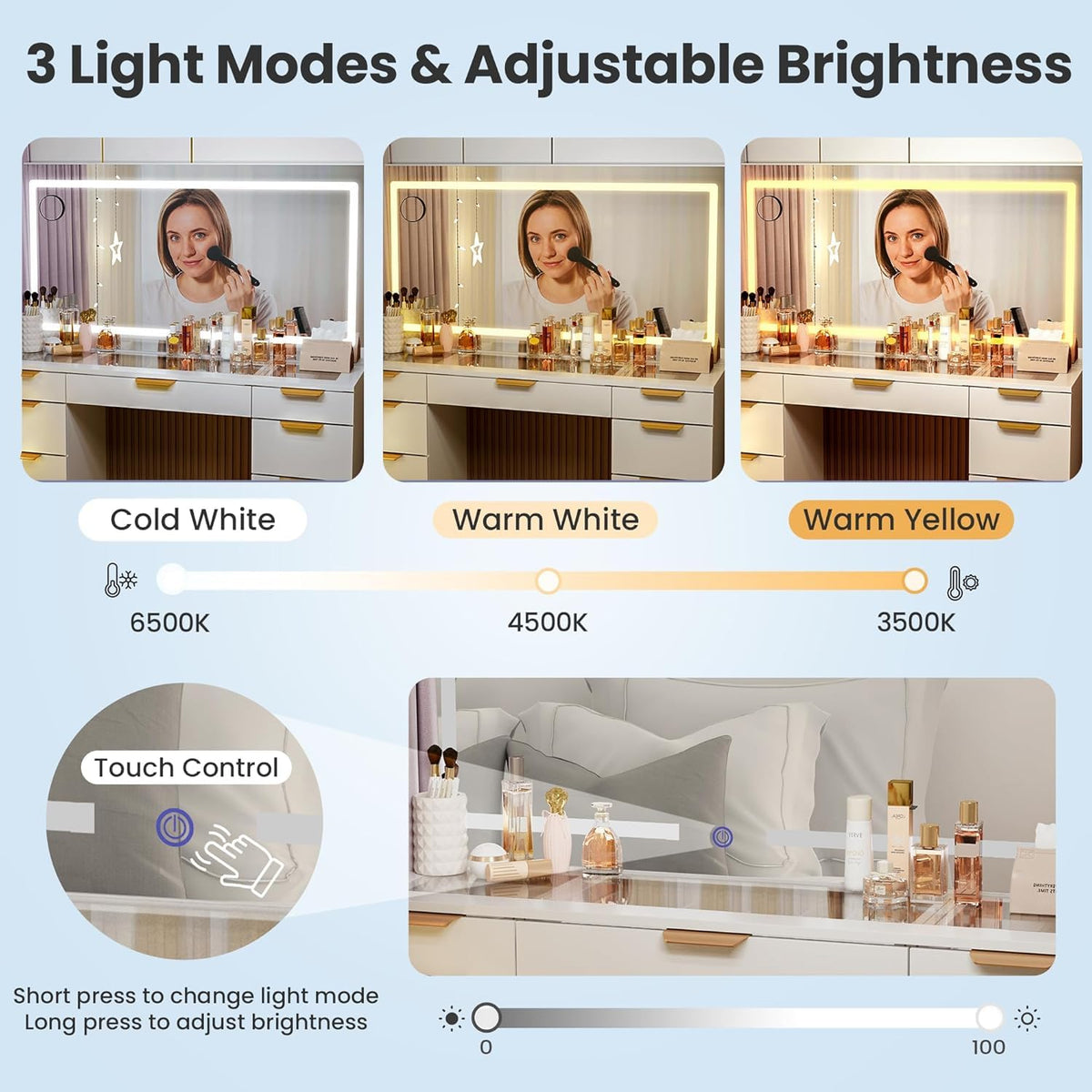 White Glass Top Vanity Desk with Mirror and Lights, 11 Drawers U58369