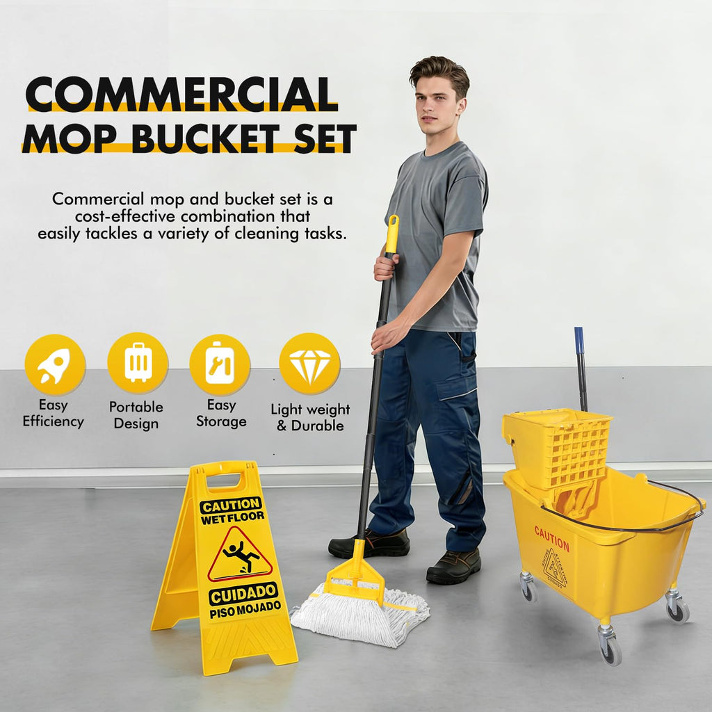 Commercial Mop Bucket with 2 Mop Heads and Caution Sign, 38 Quart F615