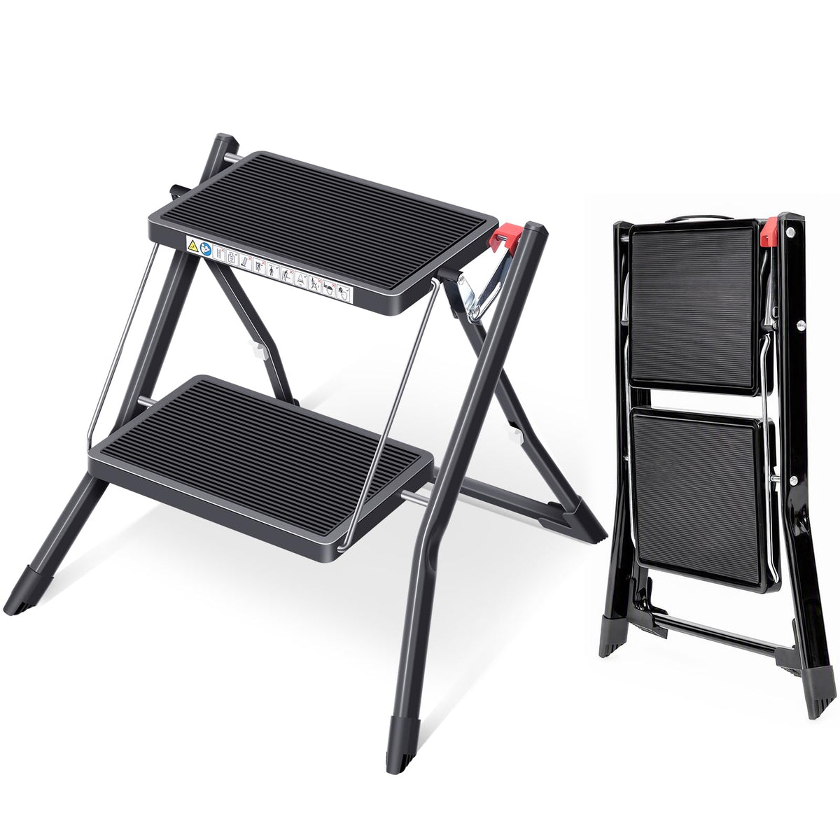 Folding Step Ladder, 2 Step Step Stool with Handle, Black F647