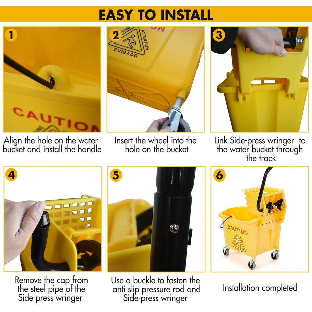 Commercial Mop Bucket with 2 Mop Heads and Caution Sign, 38 Quart F615