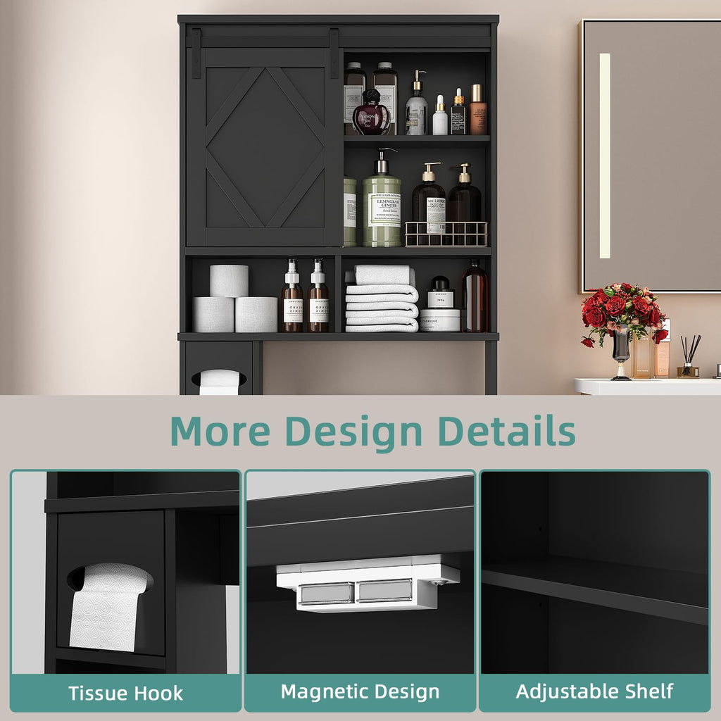 Black Over the Toilet Storage Cabinet with Sliding Barn Door P5293