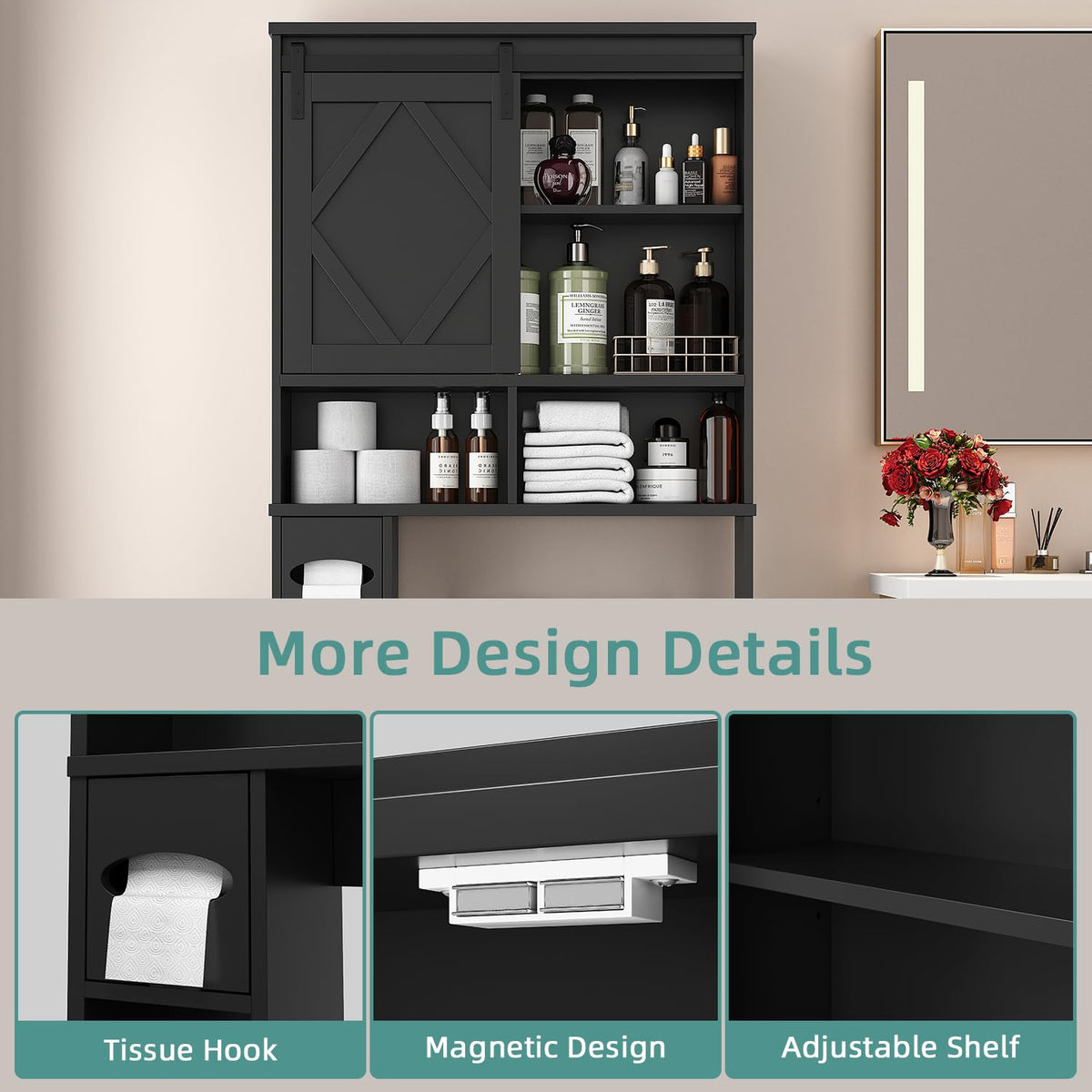 Black Over the Toilet Storage Cabinet with Sliding Barn Door P5293