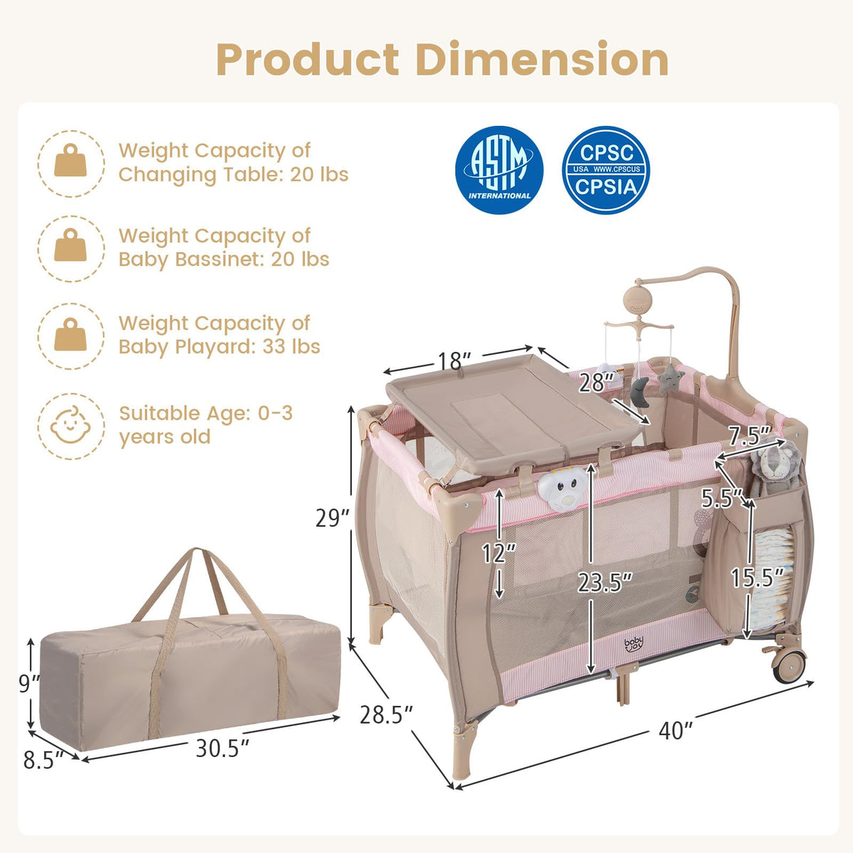 3 in 1 Pink Pack and Play with Bassinet K49758