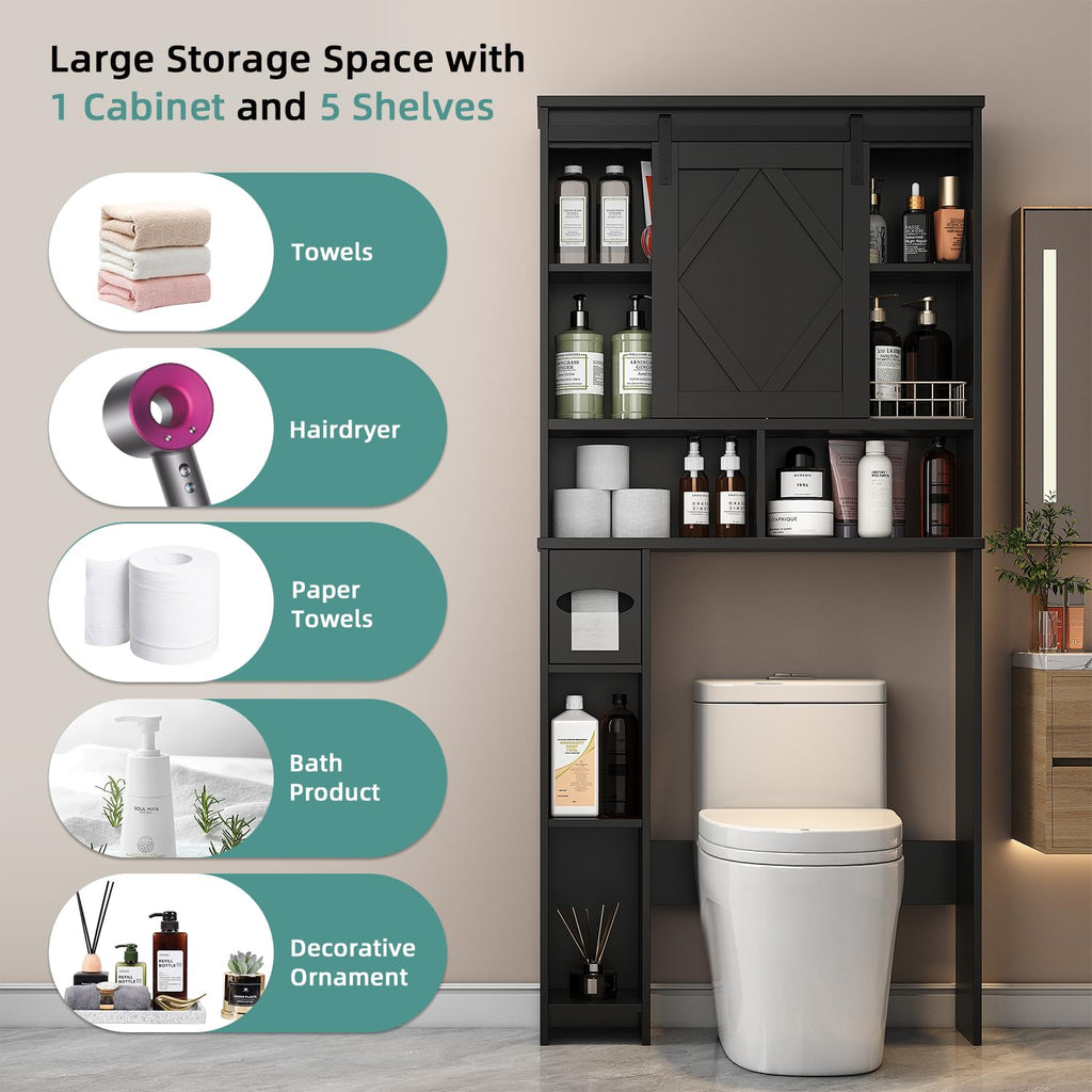 Black Over the Toilet Storage Cabinet with Sliding Barn Door P5293