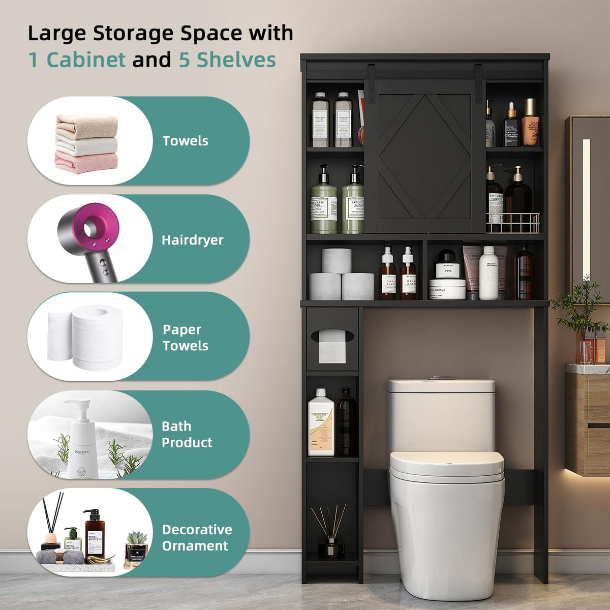 Black Over the Toilet Storage Cabinet with Sliding Barn Door P5293