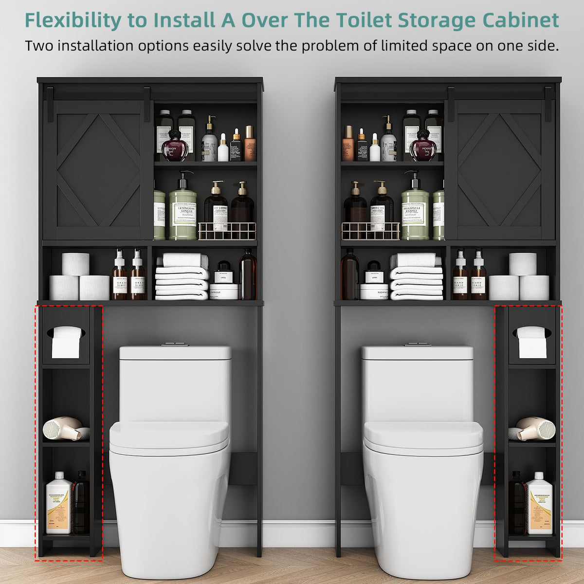 Black Over the Toilet Storage Cabinet with Sliding Barn Door P5293