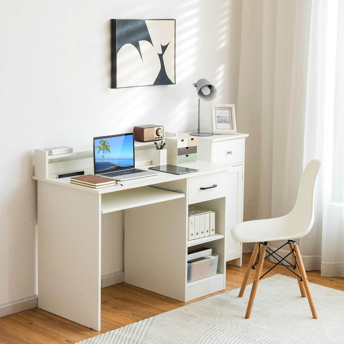 White Desk with Drawer and Keyboard Tray T927787