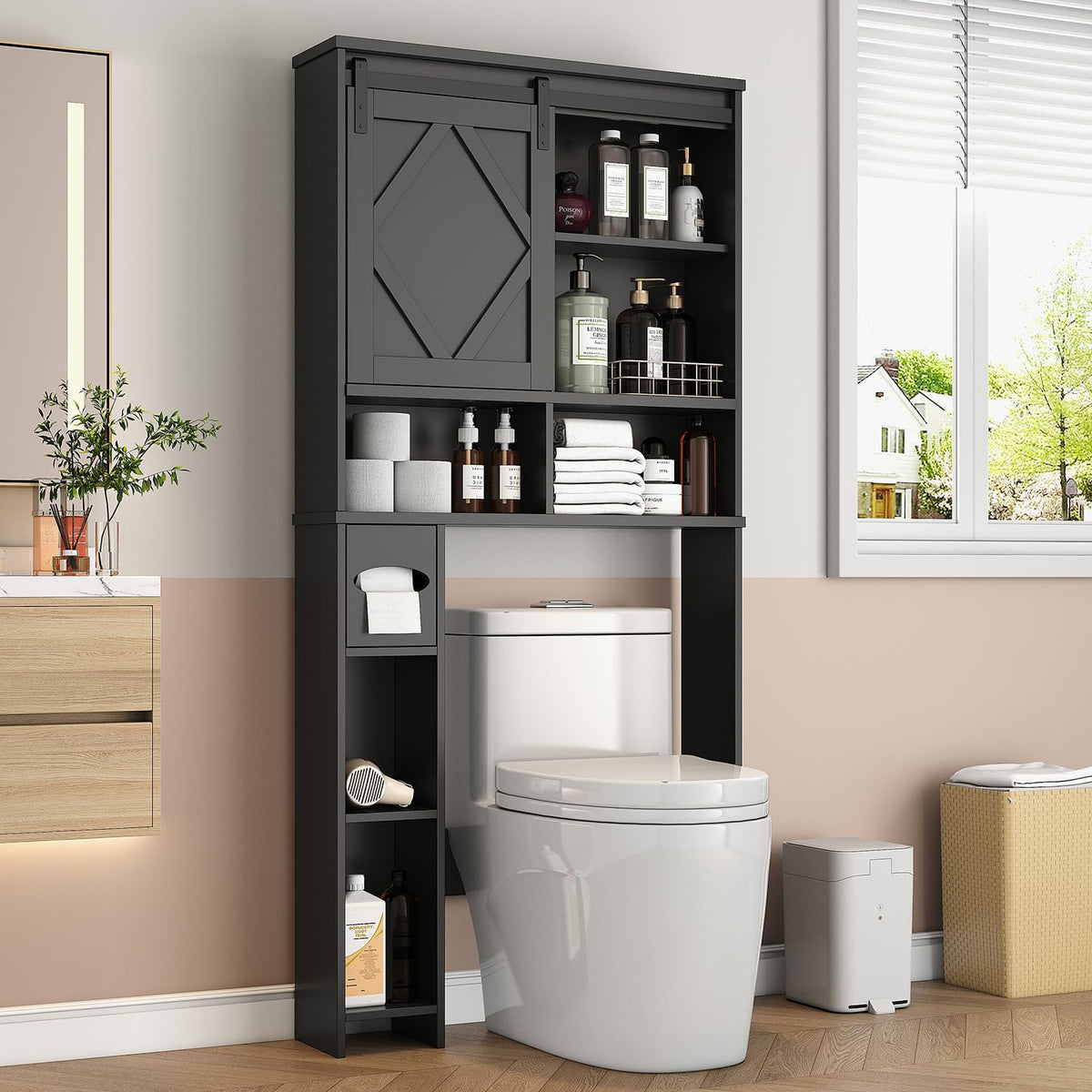 Black Over the Toilet Storage Cabinet with Sliding Barn Door P5293