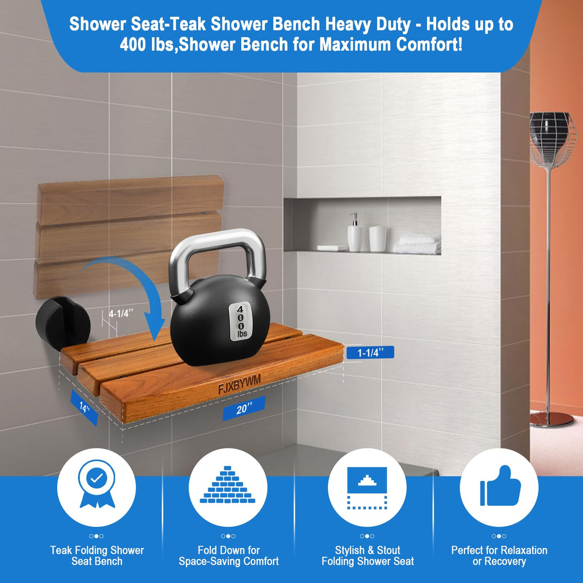 20" Teak Wall Mounted Fold Down Shower Seat 400 lbs Capacity O114414